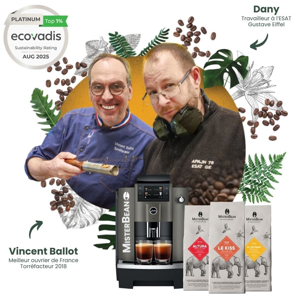 torréfaction de café en grain misterbean avec vincent ballot et une personne en situation de handicap de l'esat d'Andresy avec visuel machine à café en grain et café en grain misterbean