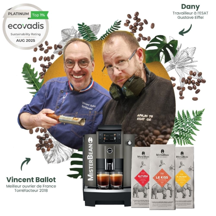 torréfaction de café en grain misterbean avec vincent ballot et une personne en situation de handicap de l'esat d'Andresy avec visuel machine à café en grain et café en grain misterbean