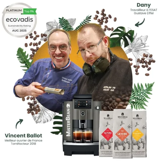 torréfaction de café en grain misterbean avec vincent ballot et une personne en situation de handicap de l'esat d'Andresy avec visuel machine à café en grain et café en grain misterbean