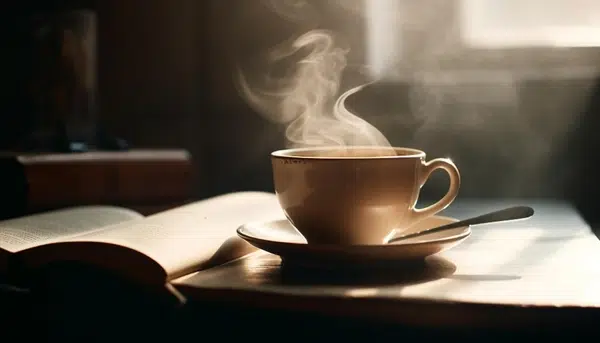 Un café intense et fumant est posé sur une table.