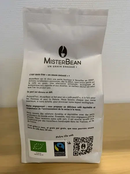 vue arrière du paquet de café en grain MisterBean BIO et équitable